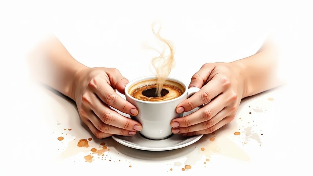 Eine frau hält eine tasse kaffee in beiden händen, die augen geschlossen, als ob sie den duft und die wärme bewusst wahrnimmt.