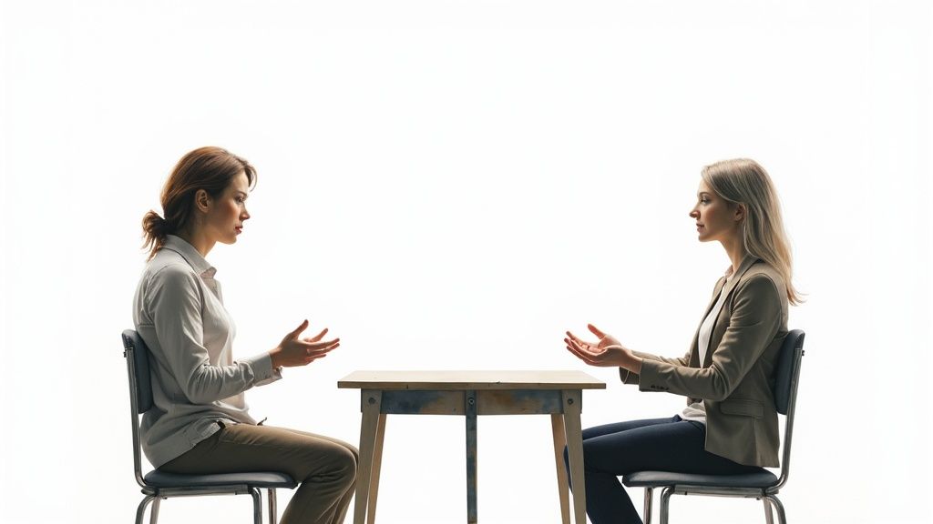 Zwei frauen sitzen sich an einem tisch gegenüber und gestikulieren im gespräch mit offenen händen.