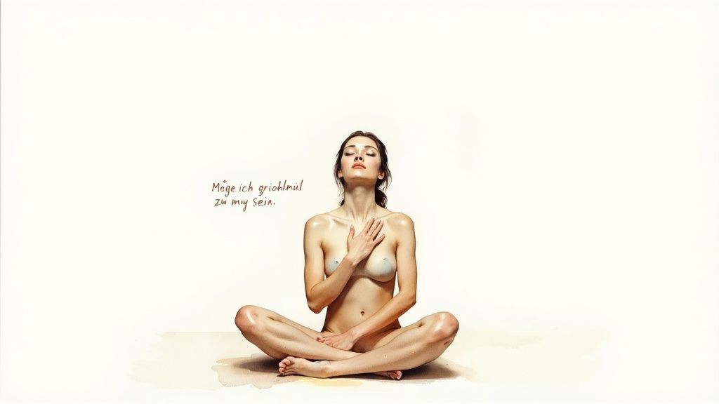 Eine junge frau in meditation, nackt, mit geschlossenen augen und hand auf der brust, auf hellem hintergrund.