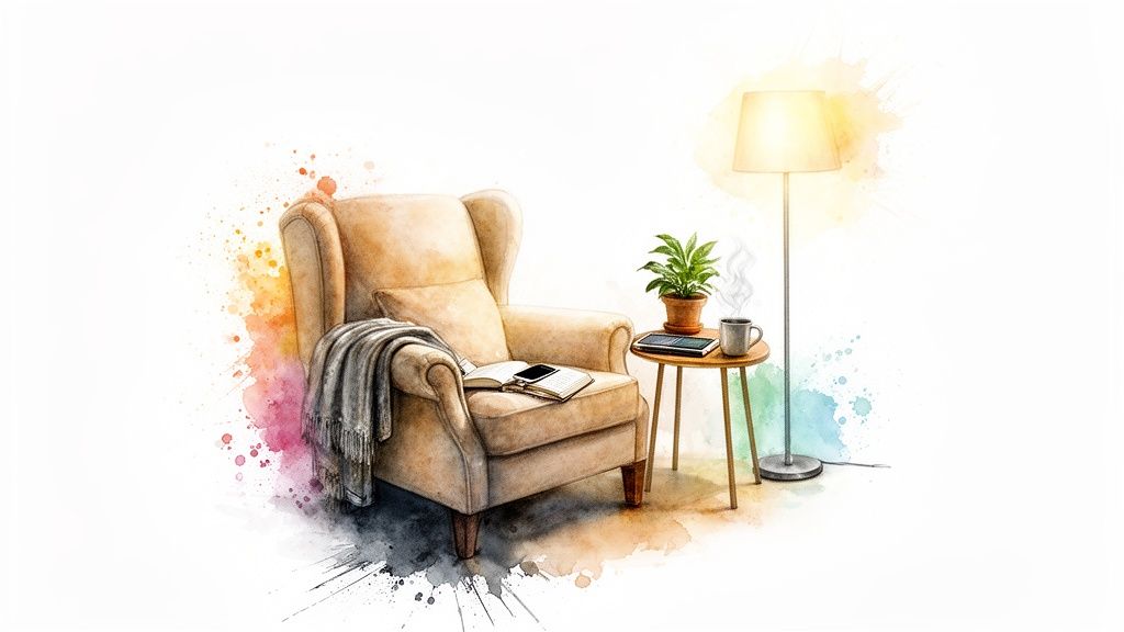 Gemütlicher lesebereich im aquarellstil mit sessel, beistelltisch, stehlampe, pflanze, büchern und dampfender tasse.