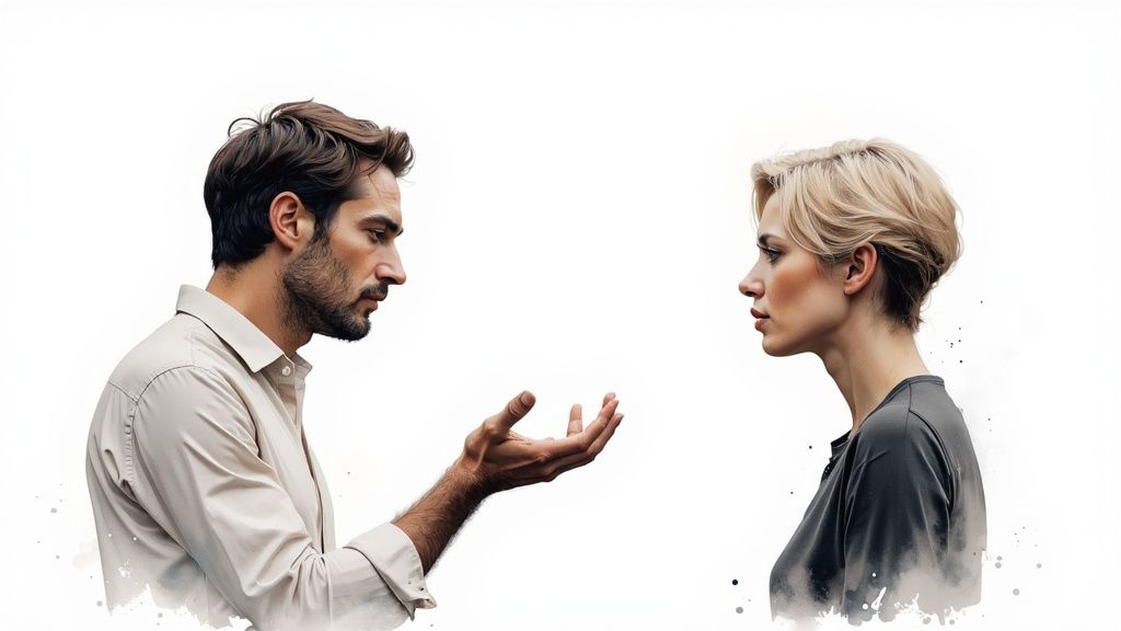 Zwei personen sitzen sich an einem tisch gegenüber und kommunizieren respektvoll miteinander.