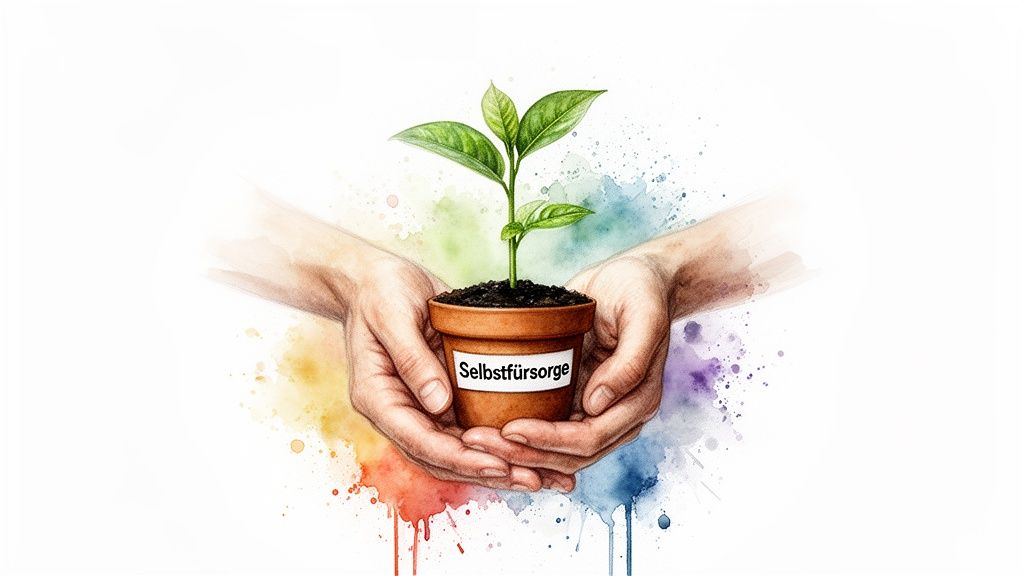 Emotionale abhängigkeit in beziehungen überwinden und heilen Zwei hände halten einen topf mit einer jungen pflanze, beschriftet mit 'selbstfürsorge', umgeben von farbigen aquarellspritzern.