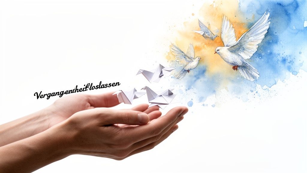 Inneren frieden finden und endlich bei dir selbst ankommen Hände lassen papierkraniche und tauben los, die in einen farbigen himmel fliegen, mit dem text 'vergangenheit loslassen'.
