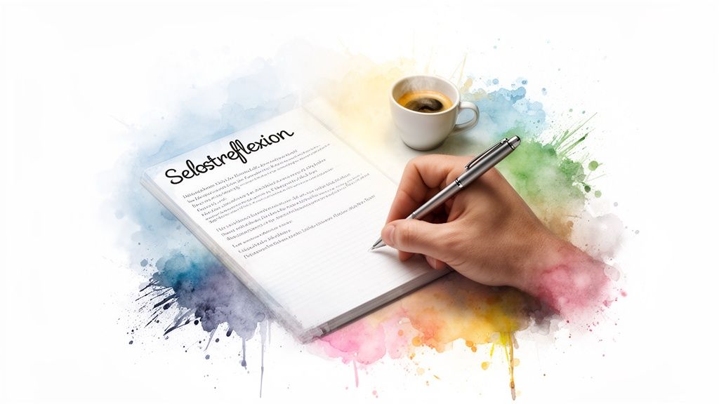 Wie finde ich meine stärken heraus? Ein leitfaden für mehr selbstvertrauen Eine hand schreibt 'selbstreflexion' in ein notizbuch, daneben eine kaffeetasse, umgeben von bunten aquarellfarben.