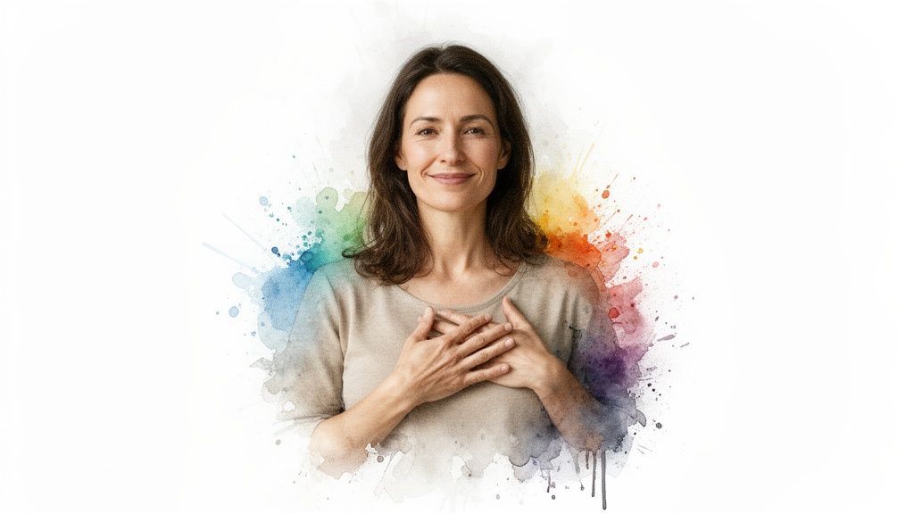 Lachende frau mit händen auf der brust, umgeben von bunten aquarellfarben, strahlt selbstvertrauen aus.