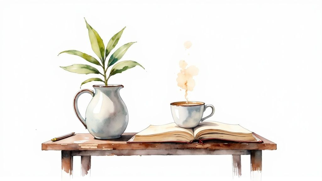 Aquarell-stillleben mit offenem buch, kaffeetasse, pflanze im krug auf holztisch zur selbstreflexion