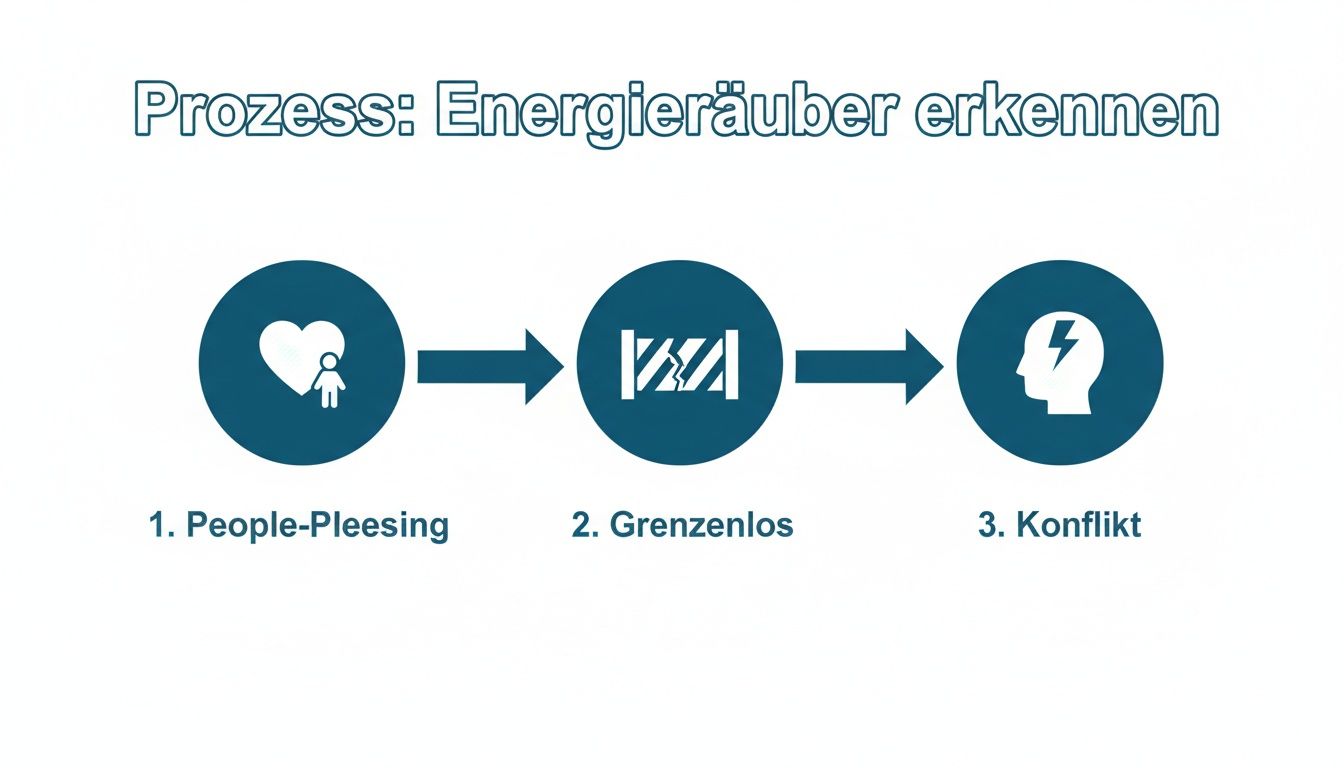 Flussdiagramm zum erkennen von energieräubern: people-pleasing führt zu grenzenlosigkeit und konflikten.