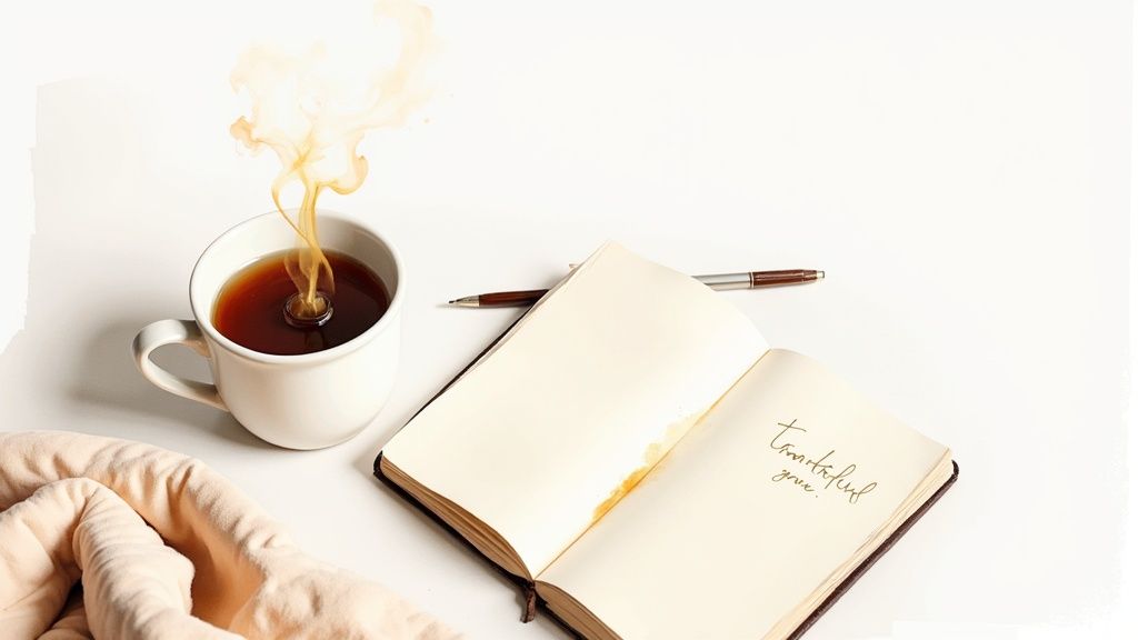 Eine frau trinkt am morgen eine tasse tee und schaut dabei nachdenklich aus dem fenster.