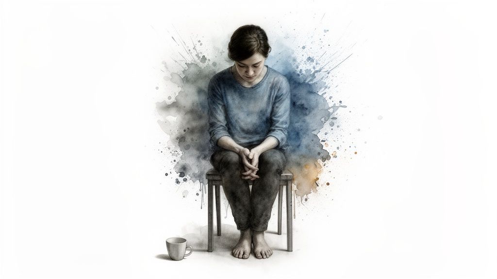 Unglücklich im leben? Finde die wahren gründe und entdecke deinen weg zurück Eine junge person sitzt barfuß auf einem hocker, blickt traurig nieder, umgeben von farbspritzern.