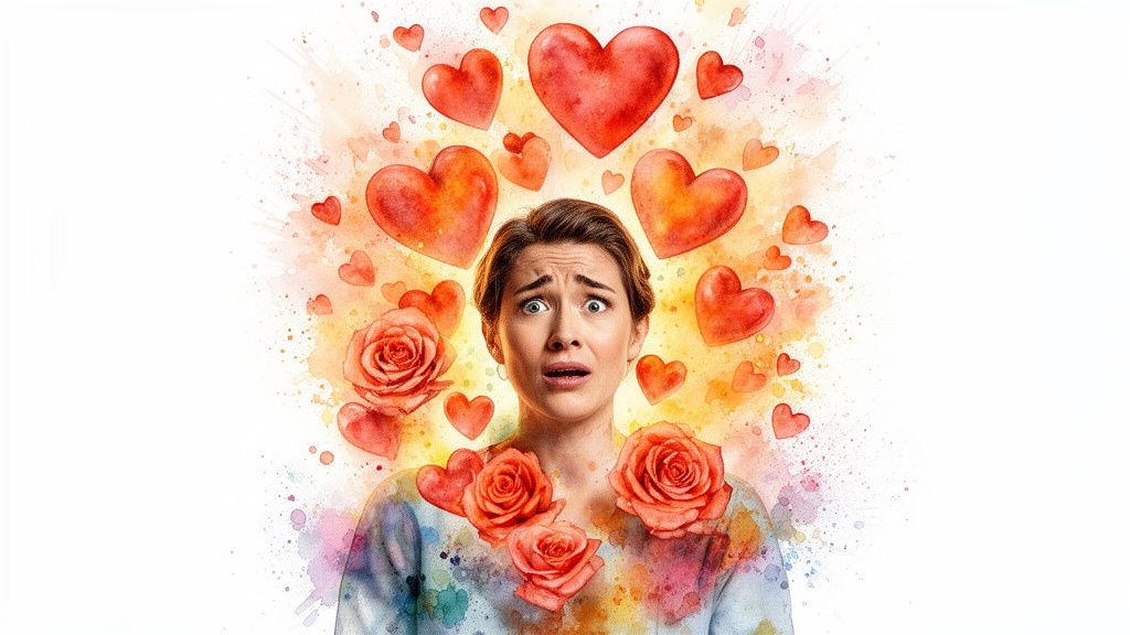 Verängstigte frau, umgeben von roten herzen und rosen im aquarellstil, die von liebe überwältigt wirkt.