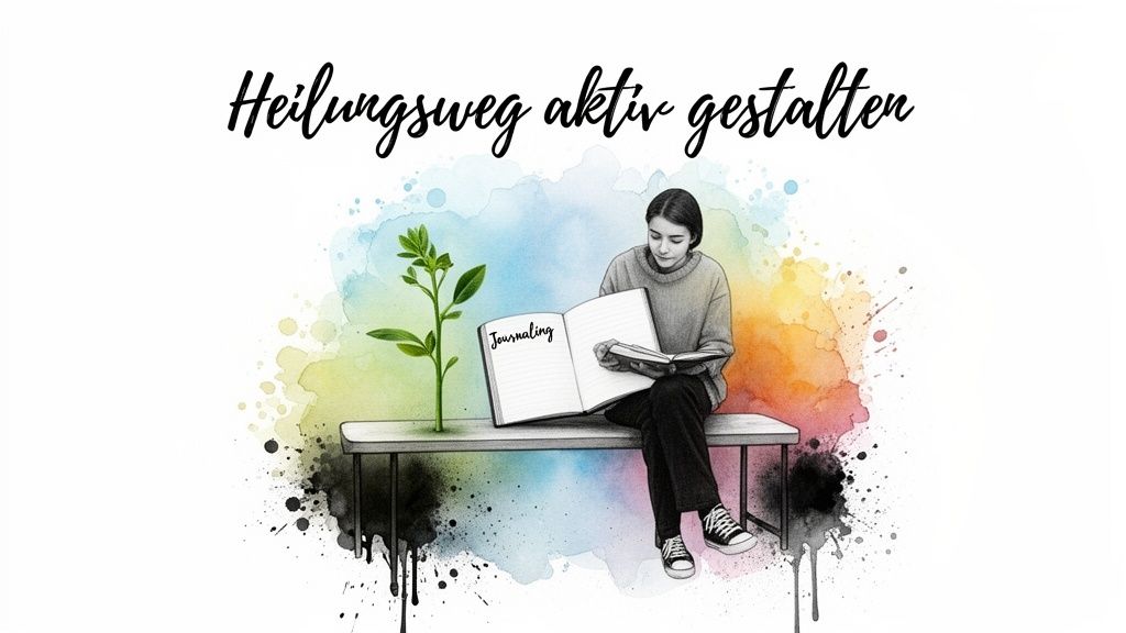 Eine person sitzt auf einer bank, liest in einem journal mit 'journaling'-titel und einer pflanze, umgeben von farbspritzern. Titel: 'heilungsweg aktiv gestalten'.