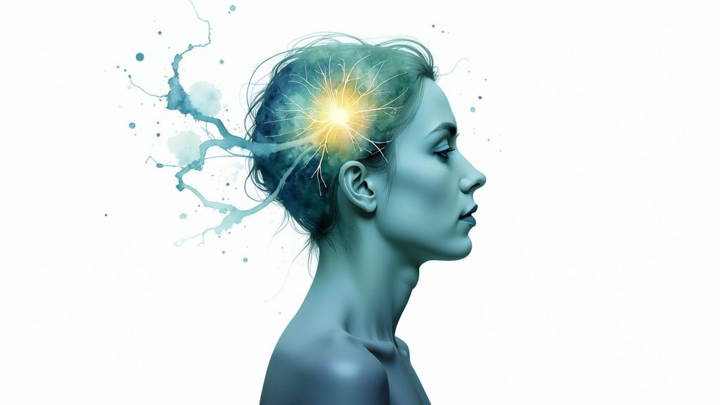 Seitenprofil einer frau mit leuchtendem gehirn und blauen farbspritzern, symbolisiert mentale aktivität.