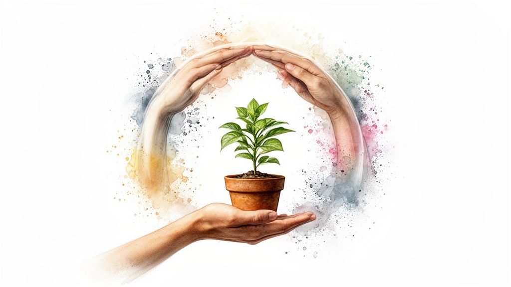 Ein zarter keimling in einem topf, geschützt von händen und umgeben von farbigen spritzern, symbolisiert umweltschutz.