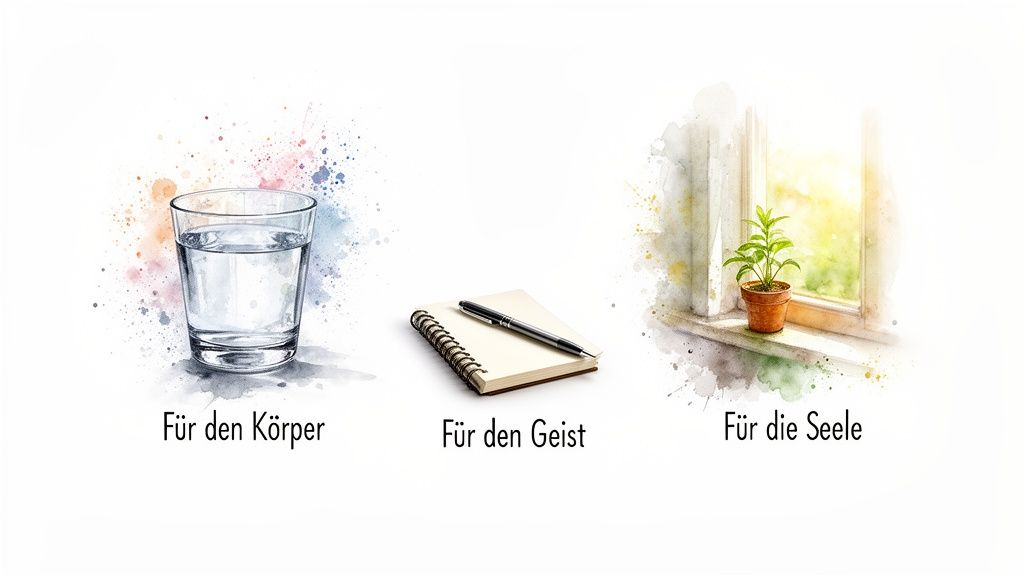 Drei aquarellbilder: ein wasserglas für den körper, ein notizbuch mit stift für den geist und eine pflanze am fenster für die seele.