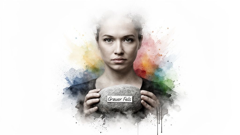 Eine frau hält einen grauen stein mit der aufschrift 'grauer fels', umgeben von bunten aquarellspritzern.