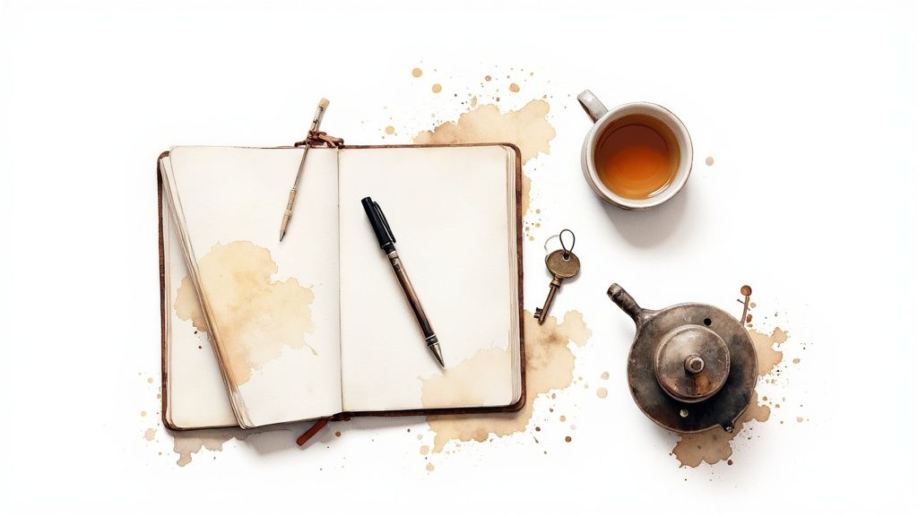 Offenes notizbuch mit zwei stiften, teetasse, teekanne und schlüssel auf weißem hintergrund mit flecken.