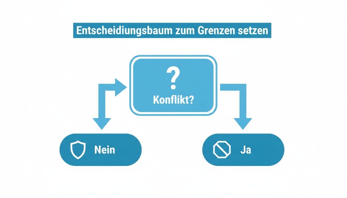 Wie geht man mit einem narzissten um und schützt sich selbst Entscheidungsbaum zum grenzen setzen. Beginnt mit der frage 'konflikt? ', führt zu 'nein' (schutz) oder 'ja' (stopp).