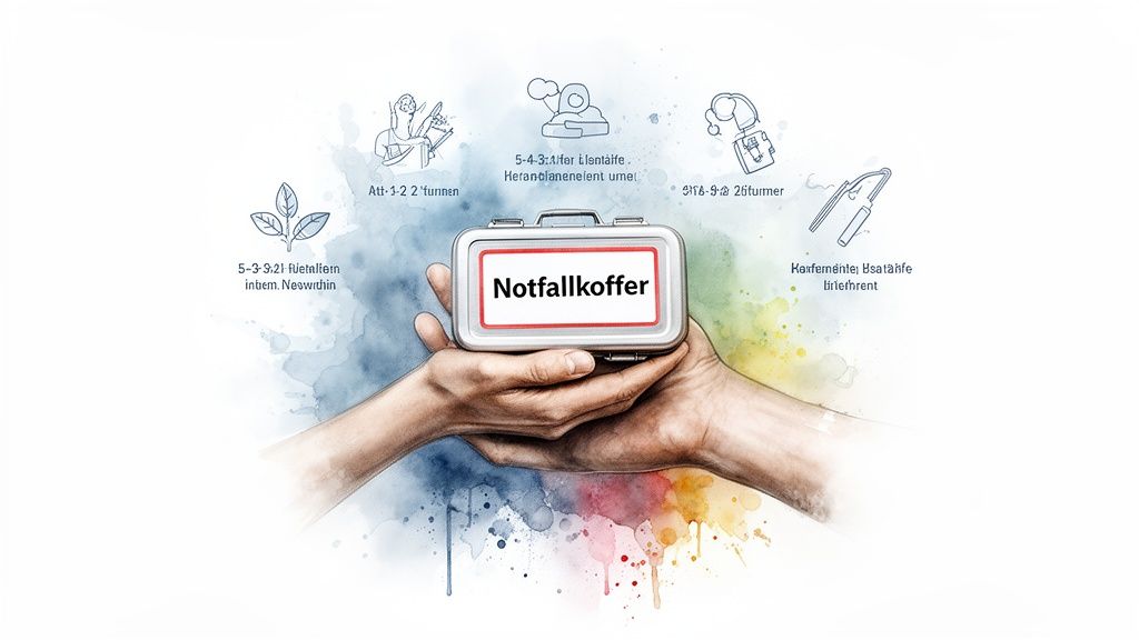 Hände halten einen notfallkoffer, umgeben von skizzen für vielfältige hilfsszenarien und unterstützung.