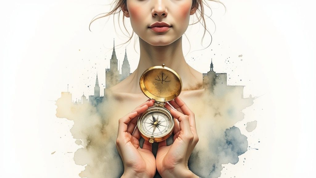 Eine person meditiert auf einem felsen mit blick auf einen ruhigen see und berge bei sonnenuntergrund.