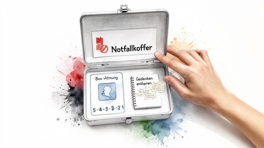 Offener notfallkoffer für mentales wohlbefinden mit atemübung, journaling-hinweisen und einer hand.