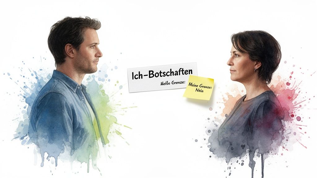 Mann und frau in aquarell-optik, gegenüberstehend, mit notizen zu 'ich-botschaften' und 'meine grenze: nein'.