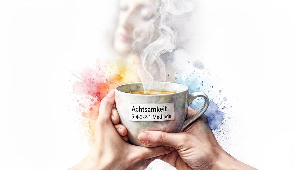 Hände halten dampfende tasse mit aufschrift achtsamkeit 5-4-3-2-1 methode, umgeben von farbigen wasserspritzern.