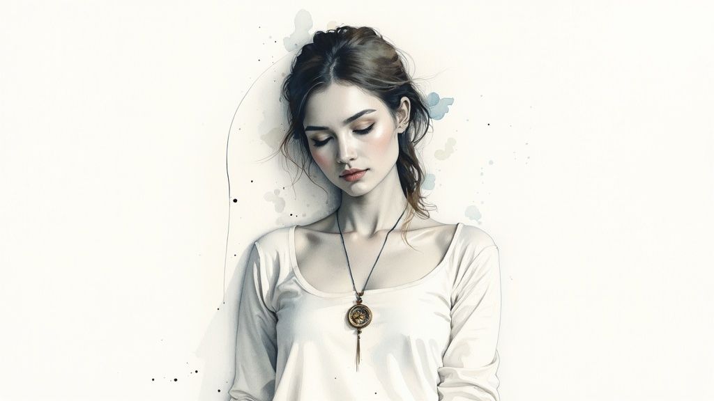 Junge frau in elegantem outfit mit medaillon-halskette blickt nachdenklich nach unten, aquarell-stil