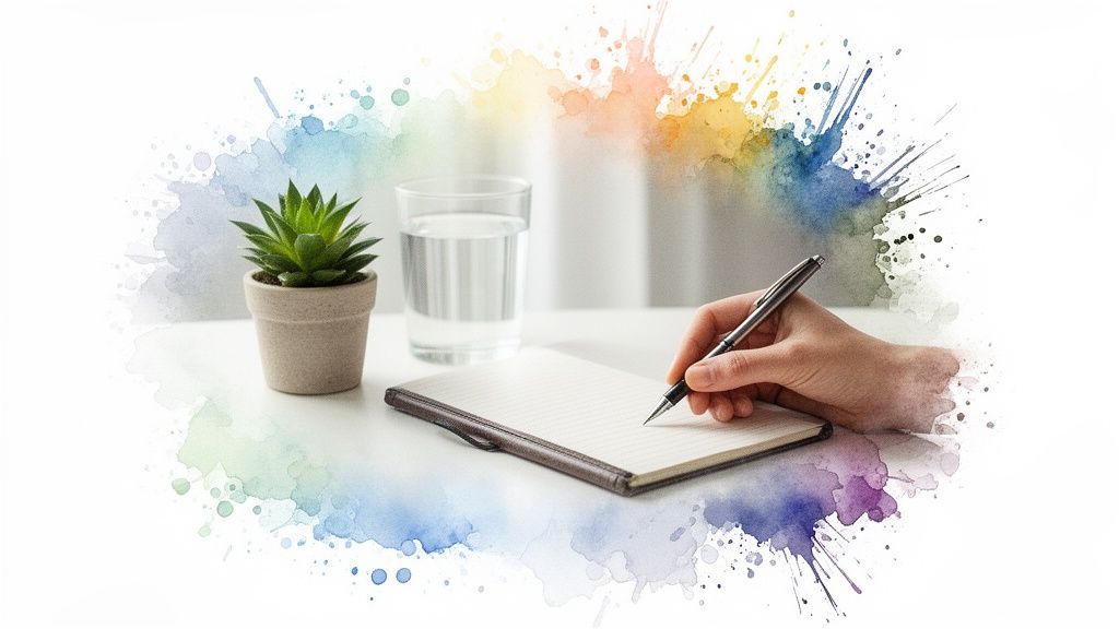 Eine hand schreibt in ein notizbuch, daneben eine topfpflanze und ein glas wasser, umgeben von bunten aquarellspritzern.