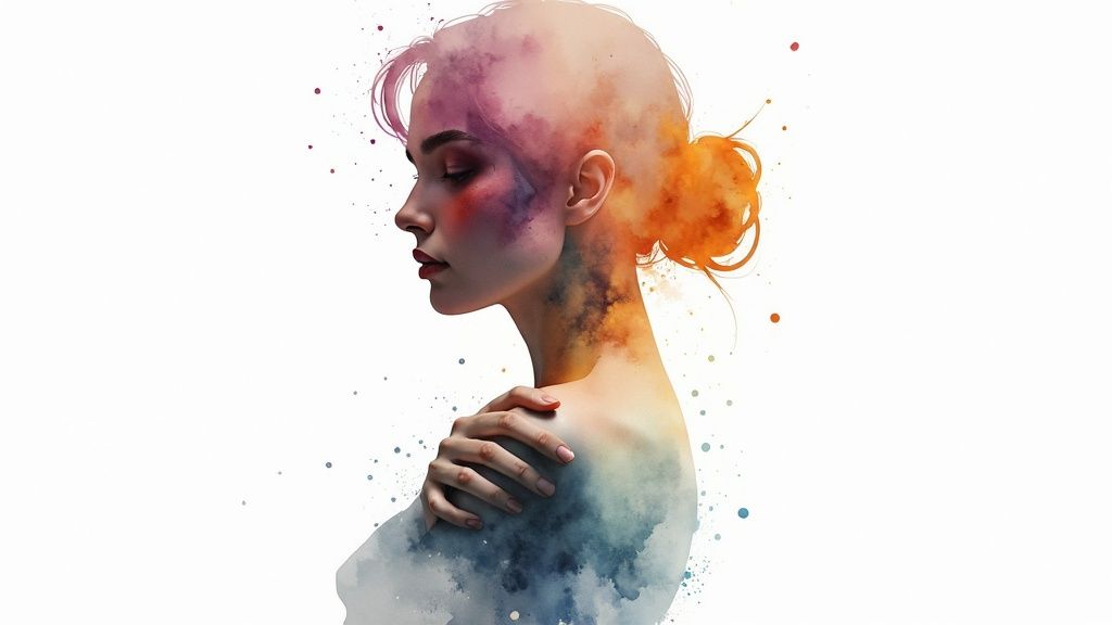 Aquarellbild eines frauenprofils mit farbenfrohen farbspritzern auf kopf, hals und schulter vor weißem hintergrund.