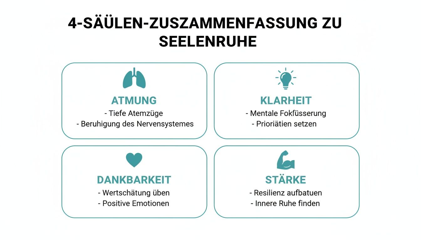 Inneren frieden finden und endlich bei dir selbst ankommen Zusammenfassung der 4 säulen für seelenruhe: atmung, klarheit, dankbarkeit und stärke mit zugehörigen symbolen.