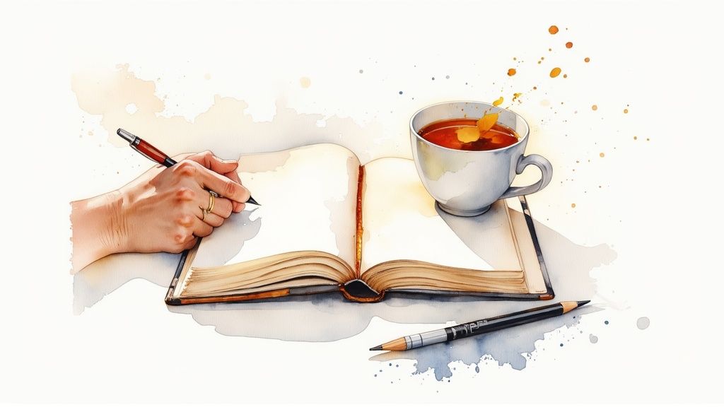 Hand schreibt mit füller in aufgeschlagenes notizbuch neben tasse tee - kreatives journaling