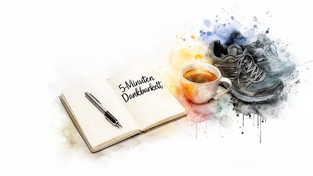 Offenes notizbuch mit '5-minuten dankbarkeit', stift, kaffeetasse und laufschuhen im aquarellstil.