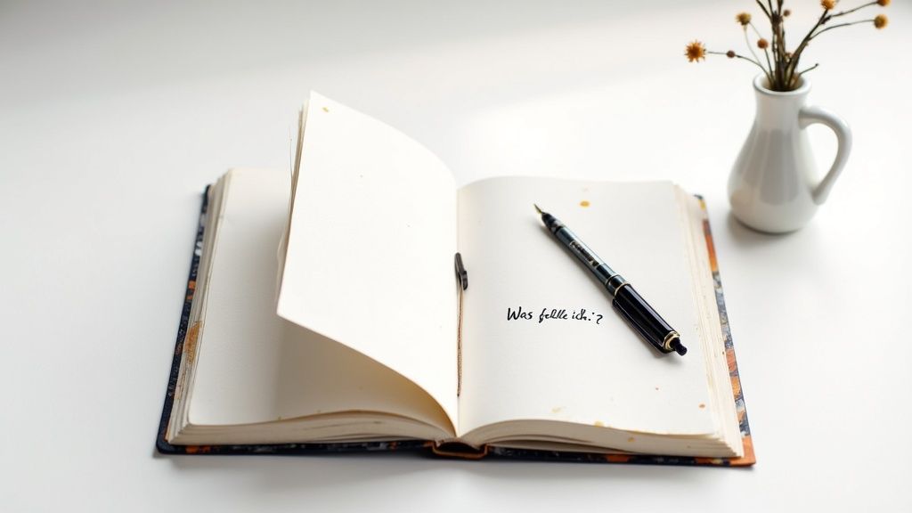 Ein offenes notizbuch mit einem füllfederhalter und der frage „was fehle ich.? “ geschrieben, neben einer vase mit getrockneten blumen auf einem weißen tisch.
