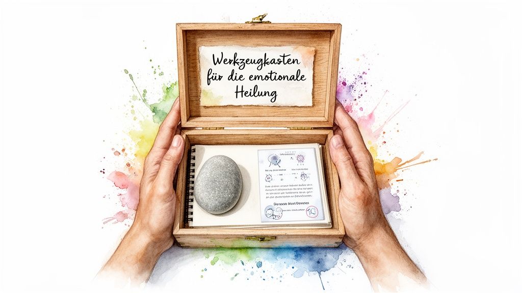 Trauma nach toxischer beziehung: heilungsschritte für ein neues vertrauen Hände halten eine offene holzkiste mit einem stein, notizbuch und einer aufschrift zur emotionalen heilung.