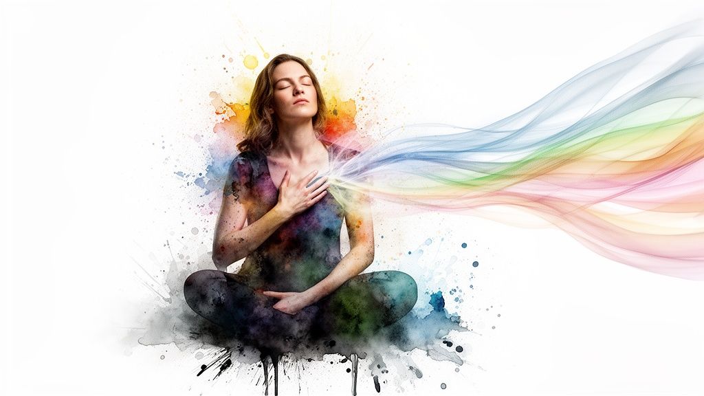 Eine frau meditiert in lotusposition, umgeben von farbspritzern und regenbogenfarbenen lichtwellen aus ihrer brust.