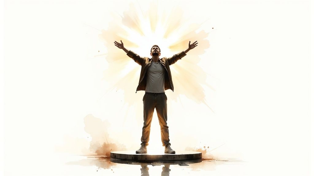 Mann mit ausgebreiteten armen auf podest stehend, symbolisiert selbstvertrauen und innere stärke