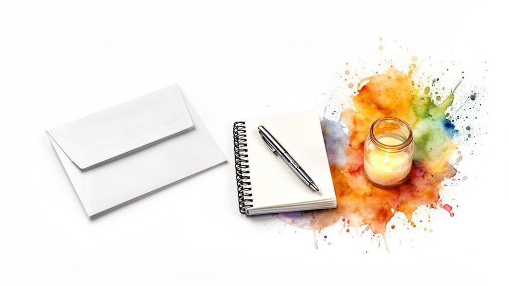 Zwei weiße umschläge, ein notizbuch mit stift und eine brennende kerze auf farbigem aquarellhintergrund.
