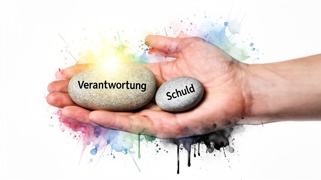 Hand hält zwei steine mit den worten verantwortung und schuld, umgeben von farbspritzern und licht.