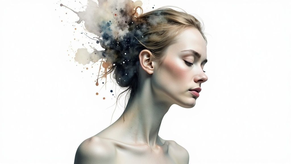 Stressbewältigung durch achtsamkeit für innere ruhe Eine ruhige person sitzt auf einer holzterrasse am wasser und blickt auf den sonnenaufgang.