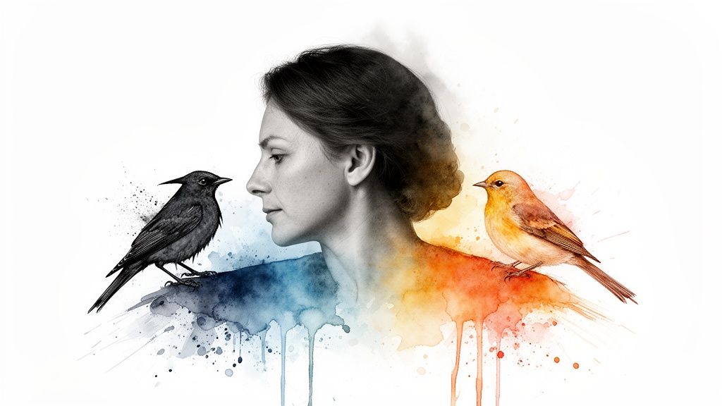 Schuldgefühle nach trennung: wie du lernst, dir selbst zu vergeben Profilansicht einer frau mit einem schwarzen vogel auf der linken schulter und einem orangefarbenen vogel auf der rechten, umgeben von farbspritzern.