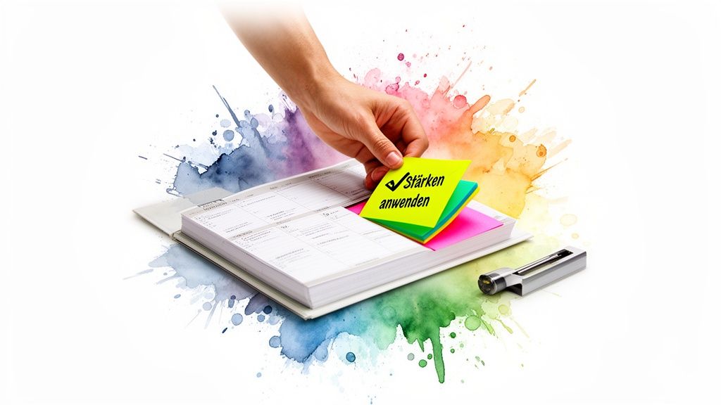 Wie finde ich meine stärken heraus? Ein leitfaden für mehr selbstvertrauen Hand steckt gelben haftnotizzettel mit 'stärken anwenden' in einen planer, umgeben von bunten aquarellspritzern.