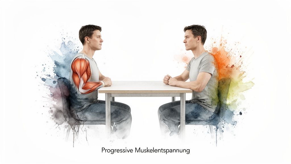 Zwei männer gegenüber an einem tisch, einer zeigt muskeln, der andere spannt an, um progressive muskelentspannung darzustellen.