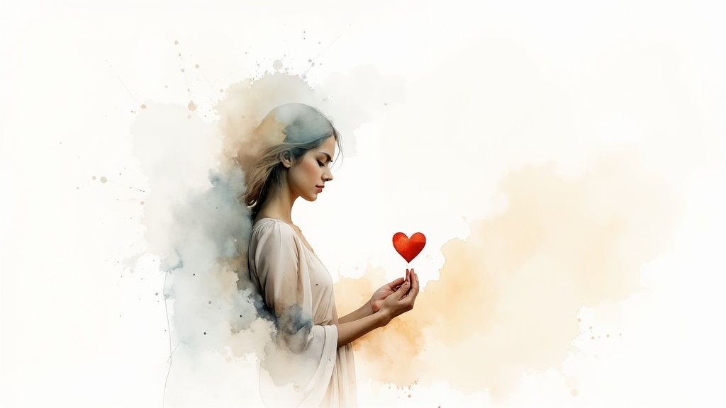 Chronischen stress abbauen und deine innere ruhe wiederfinden Eine person blickt liebevoll in einen spiegel, was die kultivierung von selbstmitgefühl symbolisiert.