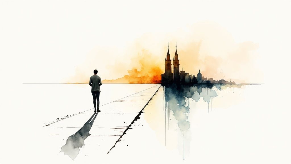 Eine gespaltene landschaft, die eine seite sonnig und hoffnungsvoll, die andere stürmisch und unsicher darstellt, symbolisiert die schwierige entscheidung, zu bleiben oder zu gehen.