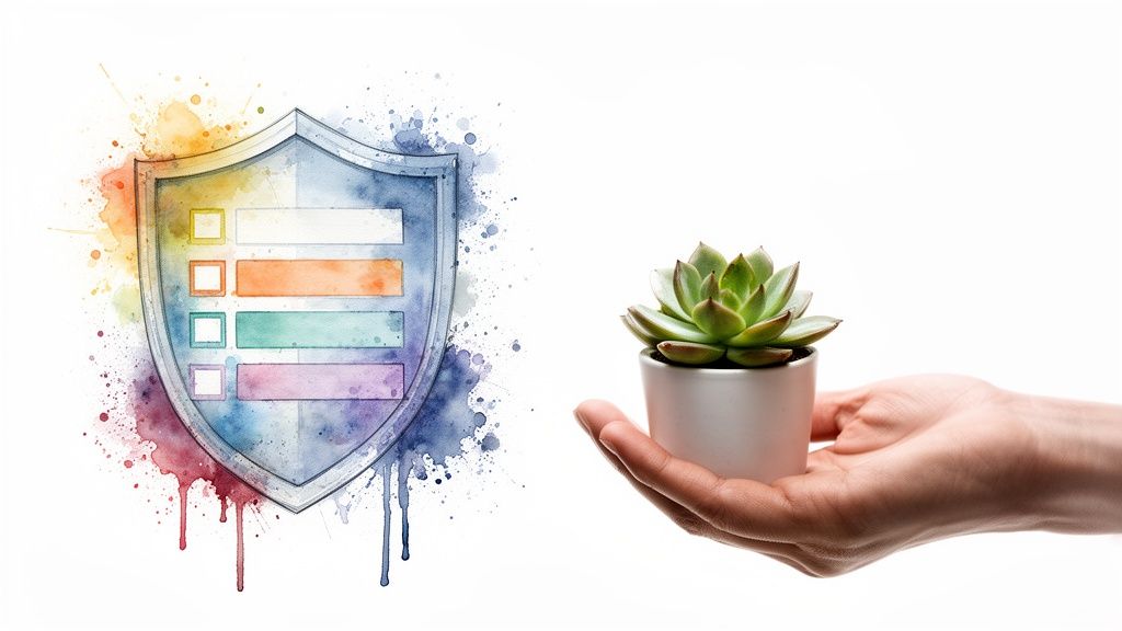 Aquarell-schild mit checkliste und eine hand, die eine sukkulente hält, symbolisiert schutz und wachstum.