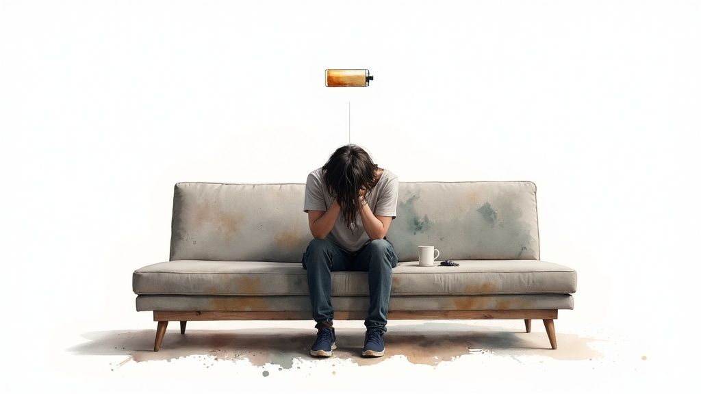 Emotionale erschöpfung: so findest du deine kraft zurück, wenn du nichts mehr fühlst Eine frau sitzt erschöpft auf dem boden und stützt ihren kopf auf die knie, das gesicht verborgen.