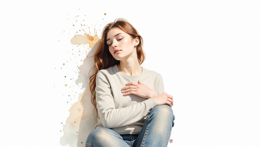 Eine person sitzt ruhig am rande eines sees, während wellen sanft ans ufer schlagen, was die vergänglichkeit von emotionen symbolisiert.