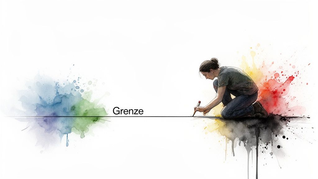 Eine person zeichnet eine linie, die verschiedene wasserfarben-spritzer trennt, mit dem wort "grenze".