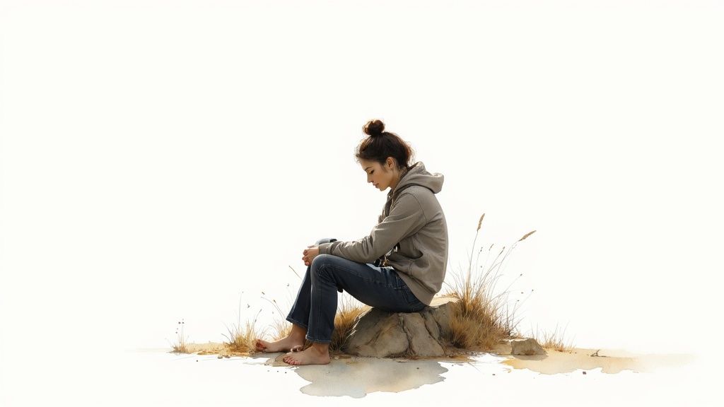 Eine person sitzt im schneidersitz auf einem steg am wasser und blickt auf den ruhigen sonnenuntergang.