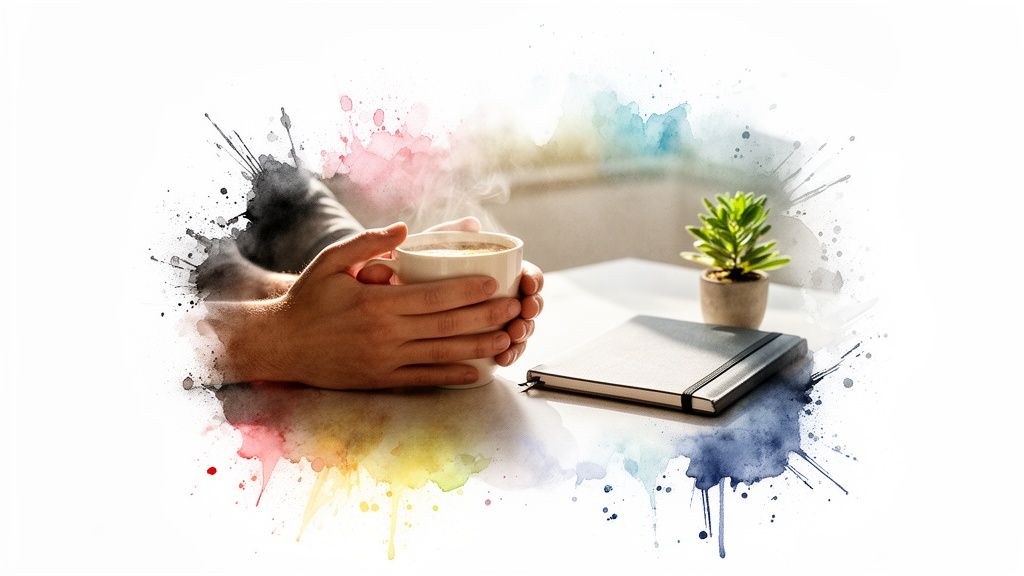 Hände halten dampfenden kaffee, daneben ein notizbuch und eine kleine pflanze, umgeben von aquarellspritzern.